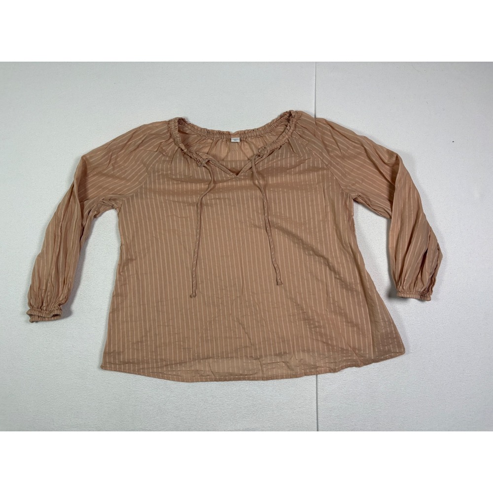 Old Navy Women L Peach Striped Cotton Long Sleeve Boho Peasant Blouse V-Neck Tie